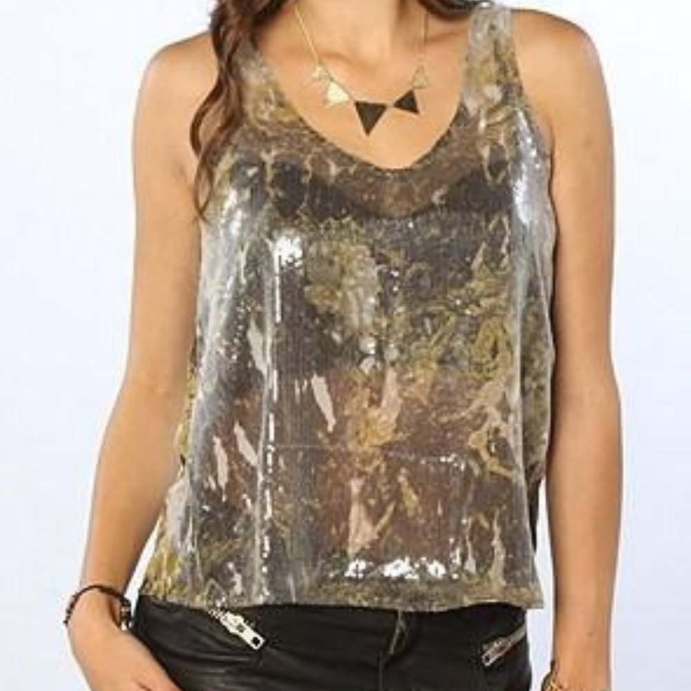 Distressed Print Sequin Front TANK TOP Sheer Back